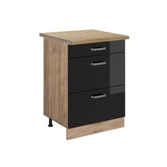 Vicco Mueble Bajo De Cocina R-line, Negro Brillo Intenso, 60 Cm Con Cajones, Et Roble
