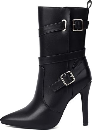 Generic Womens Pointed Toe Platform Combat Boots PU Leather Metal Ring Decoration Lace Up Side Zipper Non Slip Wear Resistant Chunky Sole Comfortable Stylish,