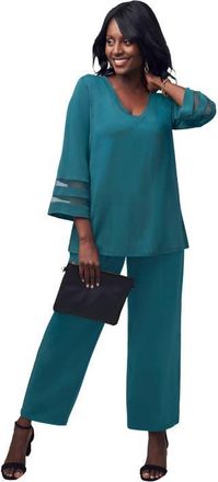Jessica London Stretch Knit Mesh Inset Sleeve Tunic in Mystic Pine at Nordstrom, Size 28