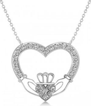 Allurez Womens Diamond Irish Claddagh Necklace 14k White Gold (0.25ct)