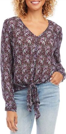 Karen Kane Fancee Floral Metallic Crepe V-Neck Tie Front Top In Purple