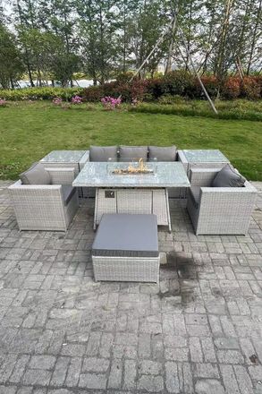 Fimous Rattan Garden Furniture Set Gas Fire Pit Lounge Sofa Chair Dining Set With 2 Side Table in Light Grey