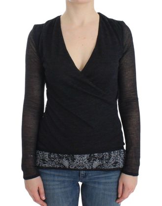 Ermanno Scervino Womens Vneck Knit Top Long Sleeve - Black Silk - Size EU 38 (Womens)
