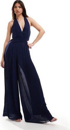 Tfnc Tuta jumpsuit da damigella allacciata al collo in chiffon a pieghe blu navy