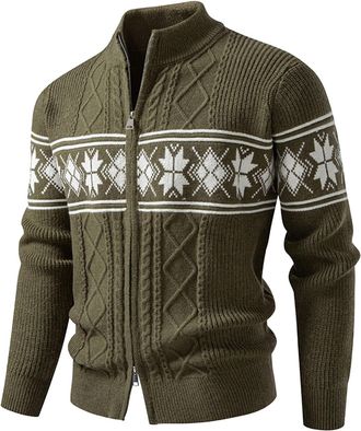 Generic Mens Fair Isle Christmas Cardigan - Chunky Knit Wool Jumper with Turtleneck, Festive Work Wear for Holiday Parties and Seasonal Gatherings