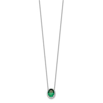 Diamond2Deal 14k White Gold Oval Created Emerald and Diamond Halo Pendant Necklace