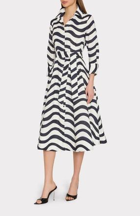 Milly Lexi Stripe Tie Waist Long Sleeve Midi Shirtdress in Navy/White at Nordstrom, Size 10