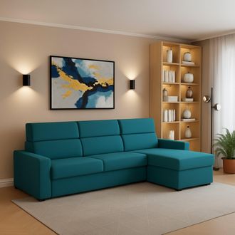 Dmora Sof&aacute; Fijo Con Pen&iacute;nsula Valeriana, Sof&aacute; Esquinero Para Sal&oacute;n, Acolchado, Desenfundable, Calidad 100% Made In Italy, 280x160 H100 Cm, Azul Claro - Dmor