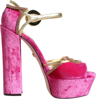 Dolce & Gabbana Pink Velvet Platform Ankle Strap Heel Sandals Womens Shoes (Pre-Owned)