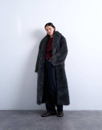 Topshop Cappotto extra lungo oversize in pelliccia sintetica color antracite con collo sciallato-Grigio