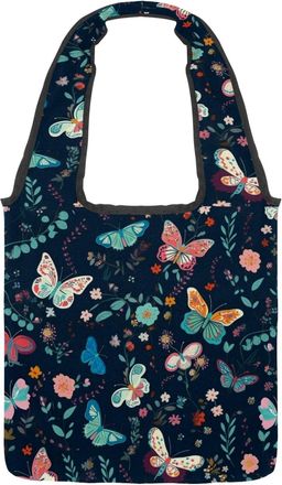 Generic Colorful Butterfly Floral Reversible Canvas Shoulder Tote - Double-Sided Print, 12oz Cotton, 27cm Drop, Fold-Flat Bag for Travel, Shopping, Street Out