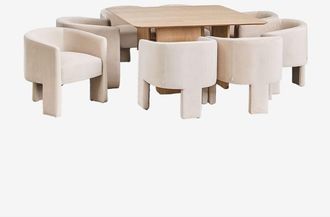 Sklum Sklum - Set De Mesa Cuadrada 140x140 Cm En Mdf Y Chapa De Fresno Ginger Y 8 Sillas De Comedor Terciopelo Xastru