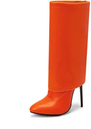 Generic Womens PU Leather Long Boots with Side Zipper Pointed Toe Fold-Over Boots Stiletto High Heel Mid-Calf Boot,Orange,5.5 UK