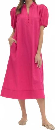 Entro Solid Short Puff Sleeve Midi Dress In Hot Pink