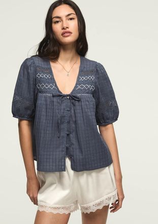 Lucky Brand Womens Smocked Yoke Buttondown