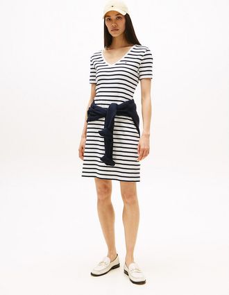 Tommy Hilfiger Womens Striped Ribbed V-Neck T-Shirt Dress - Navy - XS