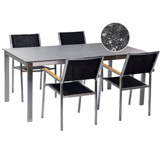 Beliani Conjunto De Jard&iacute;n Moderno 4 Plazas De Acero Inoxidable Mesa Comedor Tablero De Vidrio Sillas De Textileno Efecto Granito Negro Cosoleto