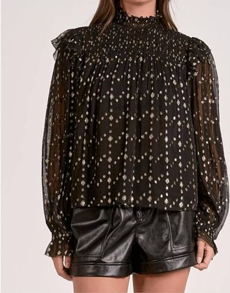 Elan Geo Print Blouse In Black & Gold