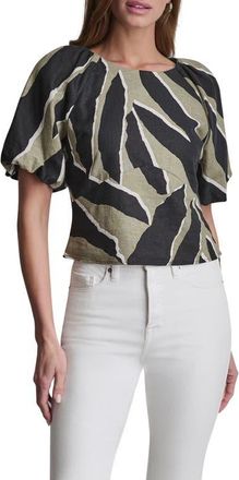 DKNY Abstract Print Puff Sleeve Linen Blend Top in Jungle Block at Nordstrom, Size X-Large