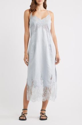 AllSaints Samia Pintuck Lace Trim Linen Slip Dress in High Rise Blue at Nordstrom, Size 10 Us