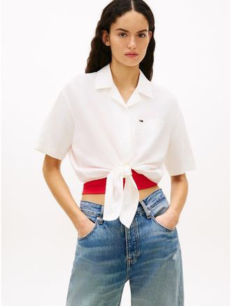 Tommy Hilfiger Womens Tommy Jeans Tie-Front Linen-Blend Shirt - White - L