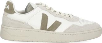 Veja White V-90 Suede-Blend Leather Sneakers