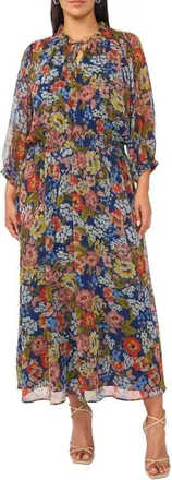 Vince Camuto Tie Neck Puff Sleeve Maxi Dress in Classic Navy at Nordstrom, Size 2X