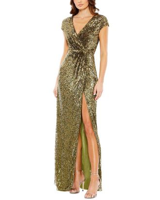 ★Mac Duggal★ Brown クリスタルアップリケ マキシドレス Brown Crystal Applique Embellished Jersey Gown | Mac Duggal