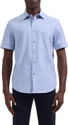 Bugatchi Miles OoohCotton Leaf Print Short Sleeve Button-Up Shirt in Air Blue at Nordstrom, Size Xxx-Large