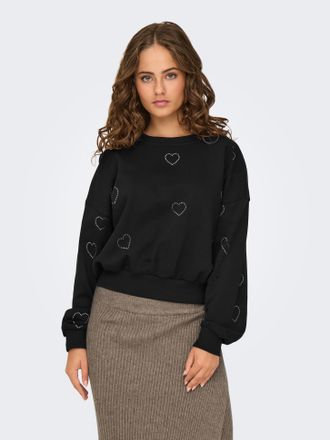 Only Sweatshirt ONLY ONLBERIT L/S O-NECK SWT, Damen, Gr. XL, schwarz detail:heart silber rhinestone, Sweatware, Obermaterial: 60% Baumwolle, 40% Polyester,