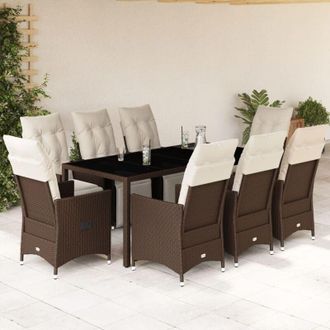 vidaXL Set De Mesa Y Sillas Jard&iacute;n 9 Piezas Y Cojines Rat&aacute;n Pe Marr&oacute;n Vidaxl