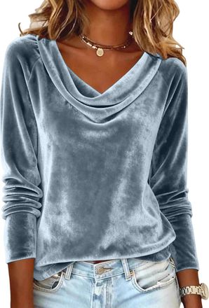 Generic Velvet Long Sleeve Tops 2026 Women Crew Neck Solid Pullover Elegant Tunic Top Soft Loose Casual Ladies Sweatshirts Classic Lightweight Womens Jumpers 