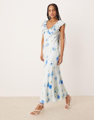 Nobody's Child Abelia - Vestito midi blu a fiori con volant sulle spalle