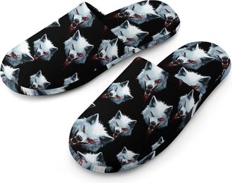 Generic Angry Wolf Flannel Mens Slip-on Slippers Winter Warm House Shoes with Rubber Sole for Home Hotel