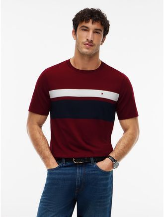 Tommy Hilfiger Mens Block Stripe T-Shirt - Burgundy - XL