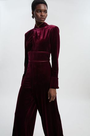 Karen Millen Womens Velvet Wrap Detail Woven Jumpsuit - Wine - Size 14 UK