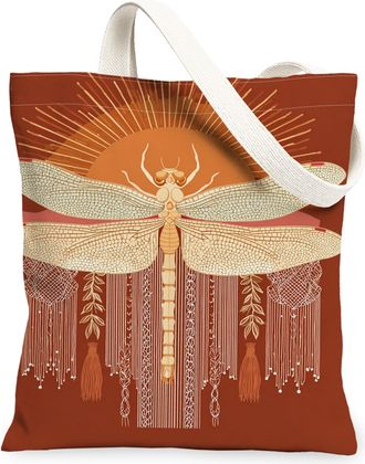 Generic Dragonfly Art Canvas Tote Bags, Vintage Insect Design Lightweight Reusable Grocery Bags, Autumn Bohemian Chic Washable Shou, Brown, 13x15 Inch