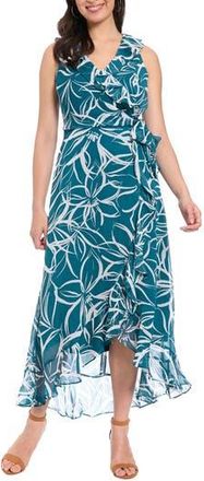 London Times Ruffle Sleeveless Faux Wrap Dress in Dark Teal/White at Nordstrom Rack, Size 10