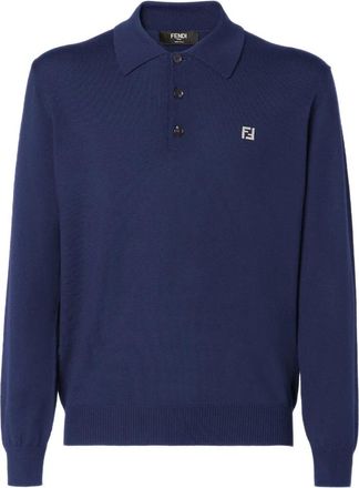 Fendi Lange mouwen wollen polo - Heren - Ronde hals truien - Blauw - L - Wol - Truien & Vesten