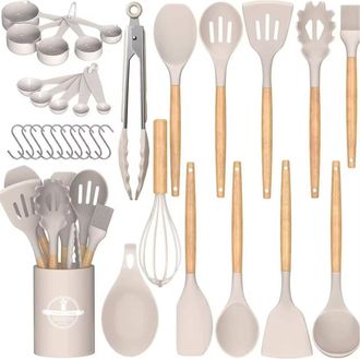 OEM Ustensiles De Cuisine - Silicone Alimentaire R&eacute;sistant &Agrave; La Chaleur Jusqu&agrave; 230 &deg;c - Poign&eacute;es En Bois Naturel - Set De 33 Pi&egrave;ces