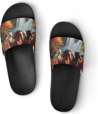 Generic Horses Running River Autumn Shower Shoes Slipper for Women Men Beach Slippers Quick Drying Non Slip Open-Toe Sandals