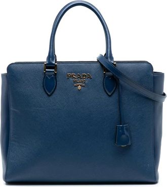 Prada 2010-2025 Saffiano kalfsleren shopper met rits en afwerking - Blauw
