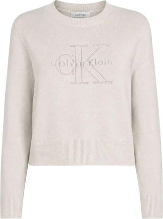 Calvin Klein Logo Outline LS Top - Dames - Ronde hals truien - Grijs - L - Katoen - Truien & Vesten