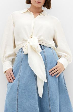 City Chic Winnie Tie Front Satin Shirt in Cream at Nordstrom, Size Xl