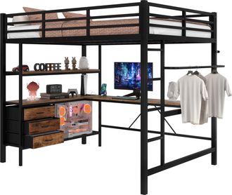 STILVORA Cama Alta Doble Con Led, Escritorio, Usb, 3 Cajones Y Estantes 140 &times; 200 Cm, Sin Colch&oacute;n
