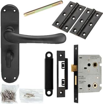 Loops Door Handle & Bathroom Lock Pack Matt Black Smooth Round Lever Turn Backplate