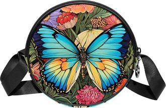 Generic Circle Crossbody Bag for Women, Color Drawing Butterfly Small Sling Bag Daypack with Zipper Adjustable Shoulder Straps Casual Ladies Girls Round Purse