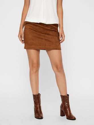Vero Moda Lederimitatrock VERO MODA VMDONNADINA FAUXSUEDE SHORT SKIRT, Damen, Gr. XS (34), braun (cognac), Web, Obermaterial: 90% Polyester, 10% Elasthan, unifa
