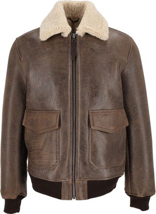 Schott NYC Brown Rugged Cream Shearling Collar Leather Jacket