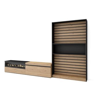 Skraut Home Skraut Home - Muebles De Sal&oacute;n Para Tv, Conjunto De Muebles Comedor, 310x186x35cm, Para Tv Hasta 80, Chimenea El&eacute;ctrica, Estilo Moderno, Roble Y Negro